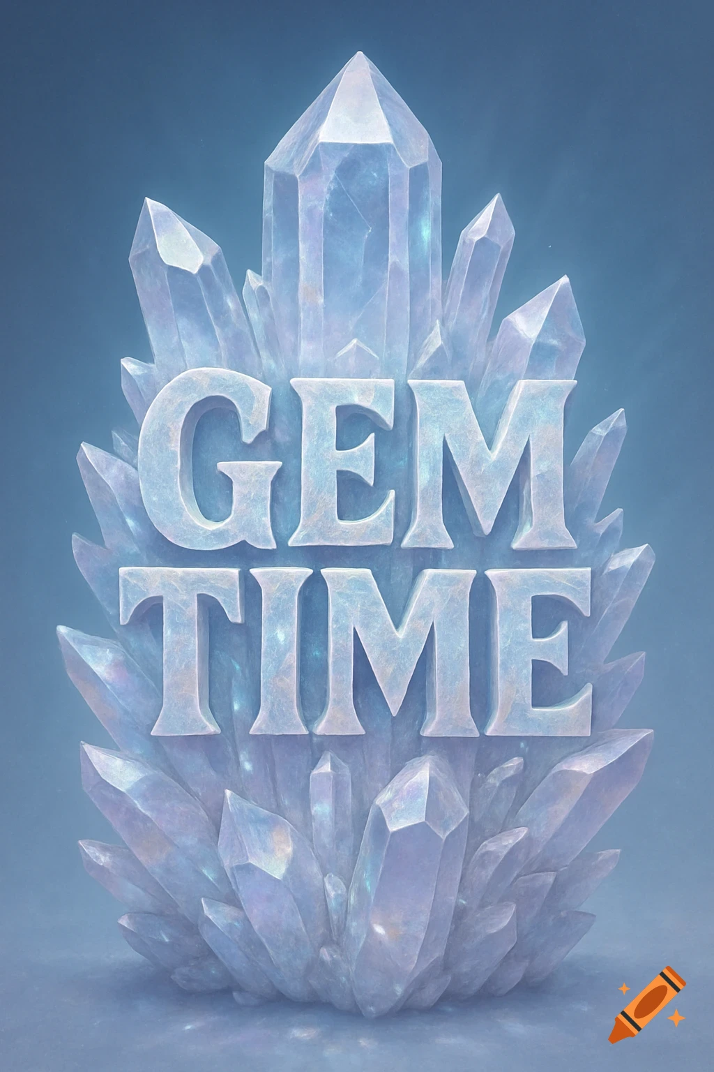 The words GEM TIME formed from translucent, glowing ice-blue crystal letters, embedded in a large cluster of quartz crystals.