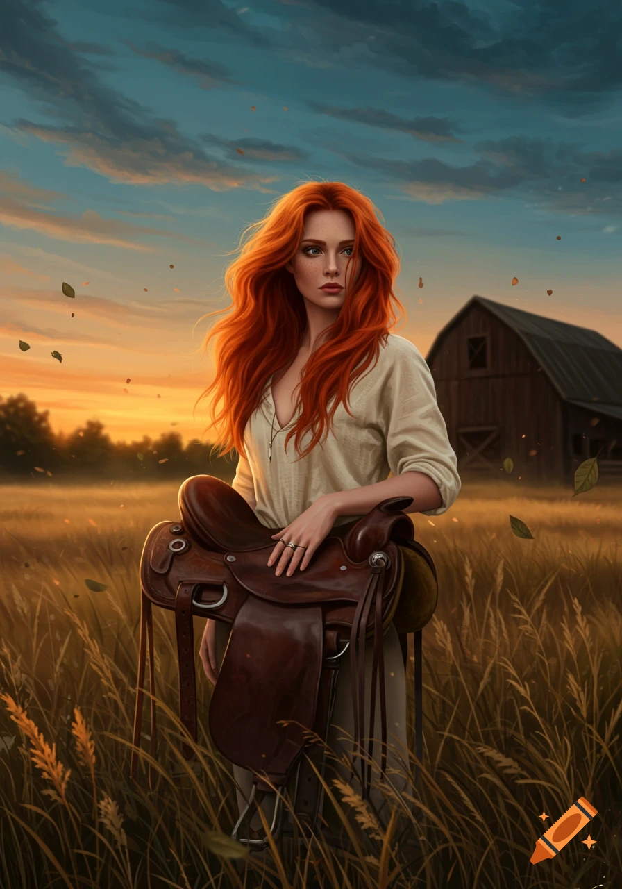 Illustrated portrait of a redhead woman holding a saddle in a golden field at sunset, with a barn in the background.