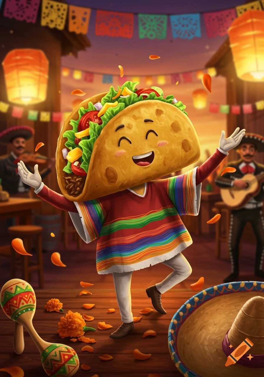 A cheerful anthropomorphic taco character wearing a colorful poncho dances in a vibrant, festive Mexican setting.