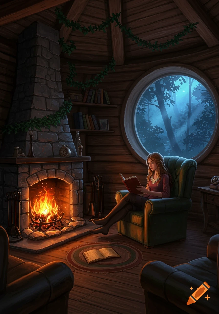 A digital painting shows a woman reading a book in a cozy treehouse with a crackling fireplace and a circular window looking out into a magical twilight forest.