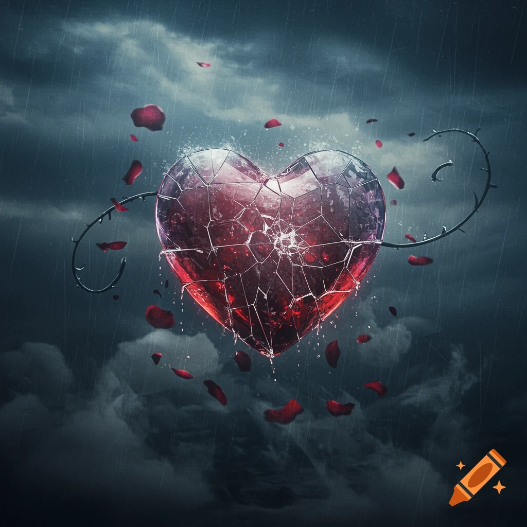 A broken, crystal-like red heart with thorny vines and falling rose petals, in the rain against dark clouds, symbolizing heartbreak.