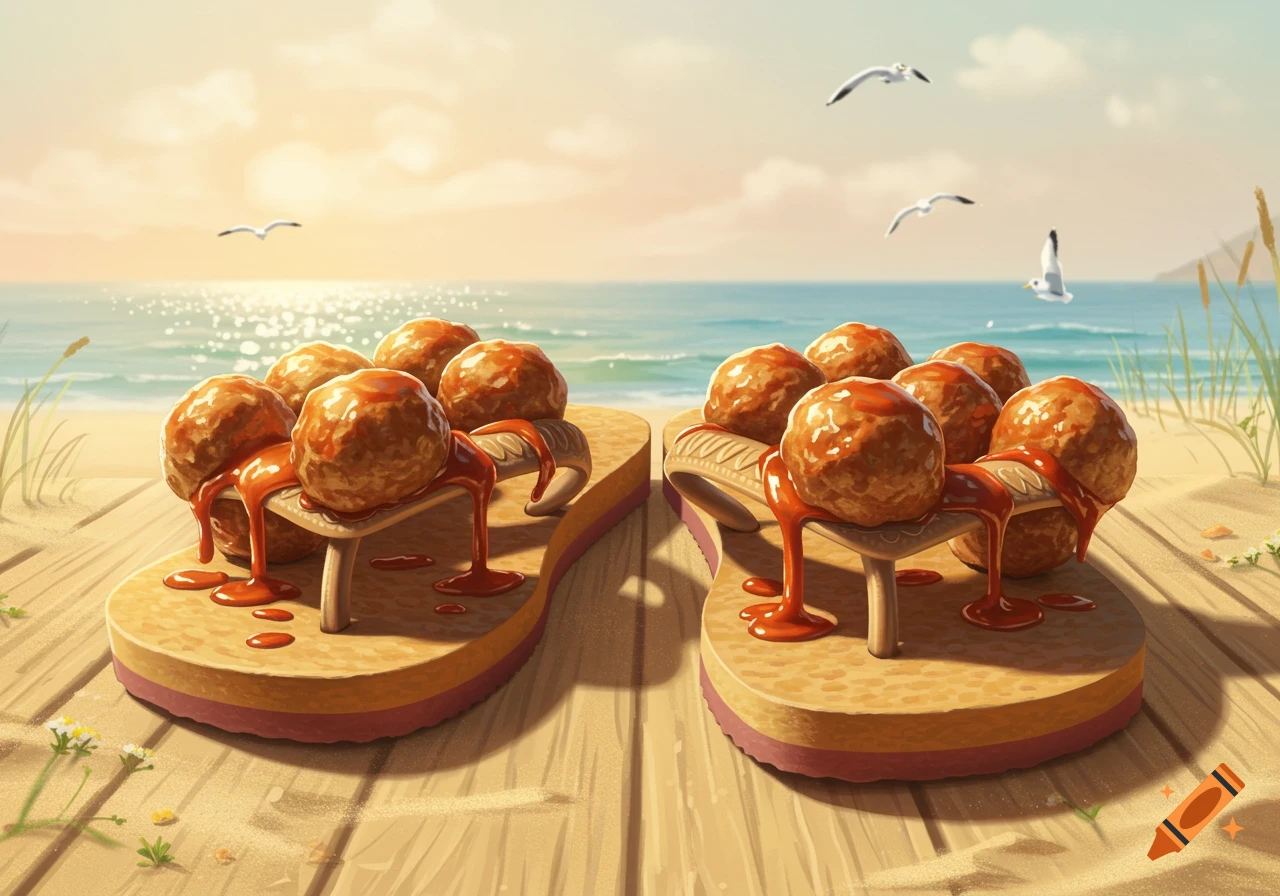 Meatballs with sauce on a pair of flip-flops on a sandy beach with ocean and seagulls under a sunny sky.