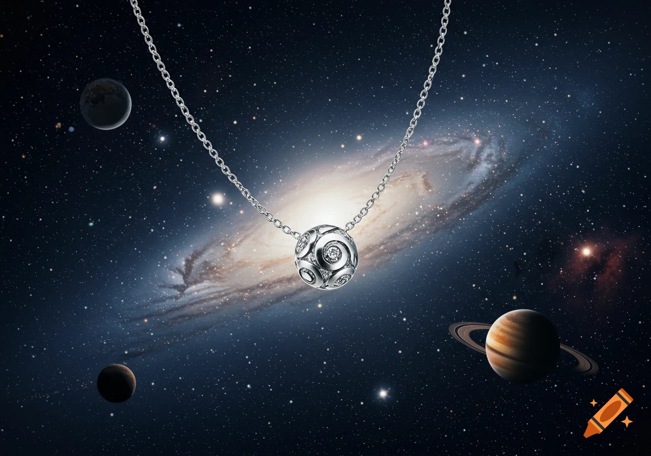 A photorealistic silver harmony ball necklace floats in deep space, with a spiral galaxy, planets, and stars.