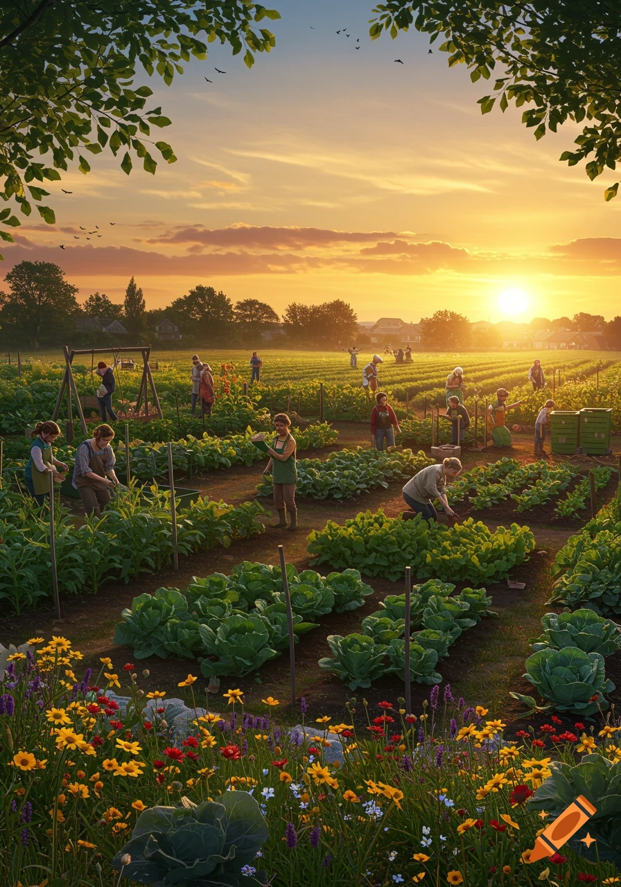 A vibrant digital art scene of people working in a lush organic farm at sunset, surrounded by wildflowers and green plants.