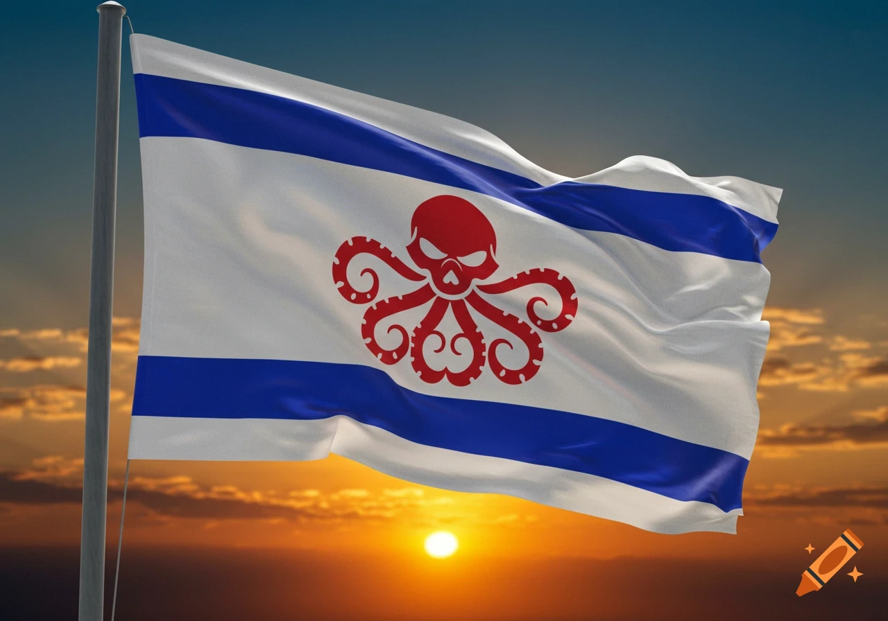 A white flag with two blue horizontal stripes and a red Hydra skull-octopus logo in the center, flying against a sunset sky.