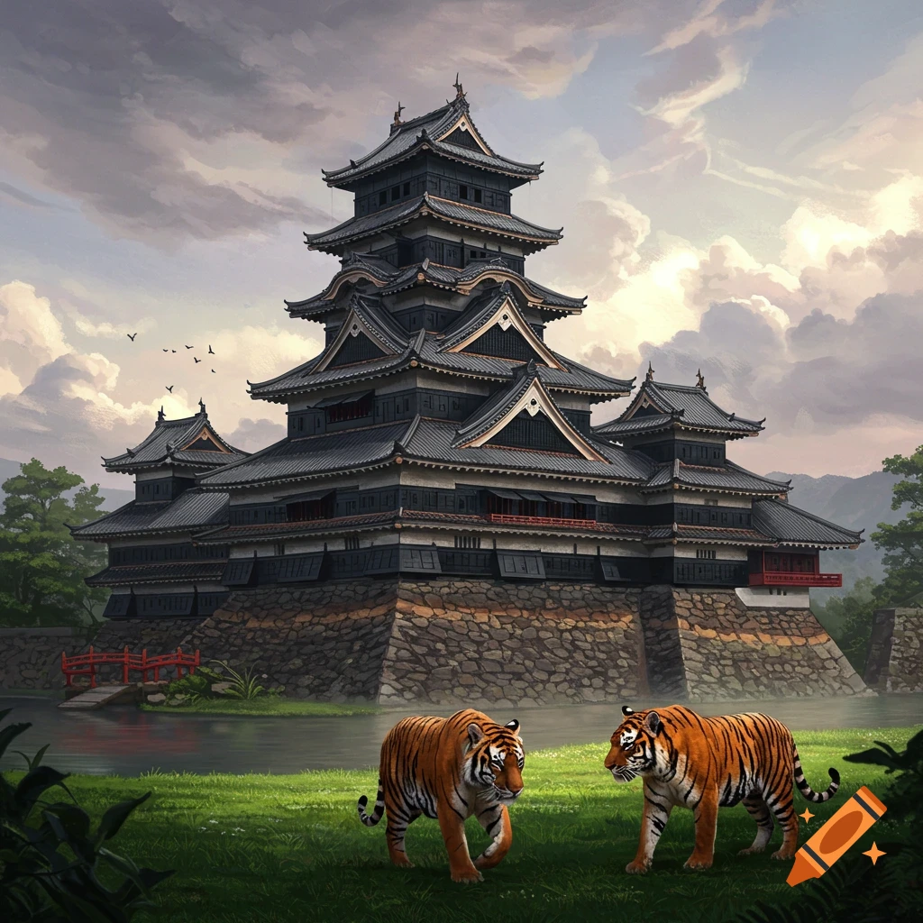 A fantastical digital painting of a Japanese castle on a lush island, with two tigers roaming in the foreground under an overcast sky.