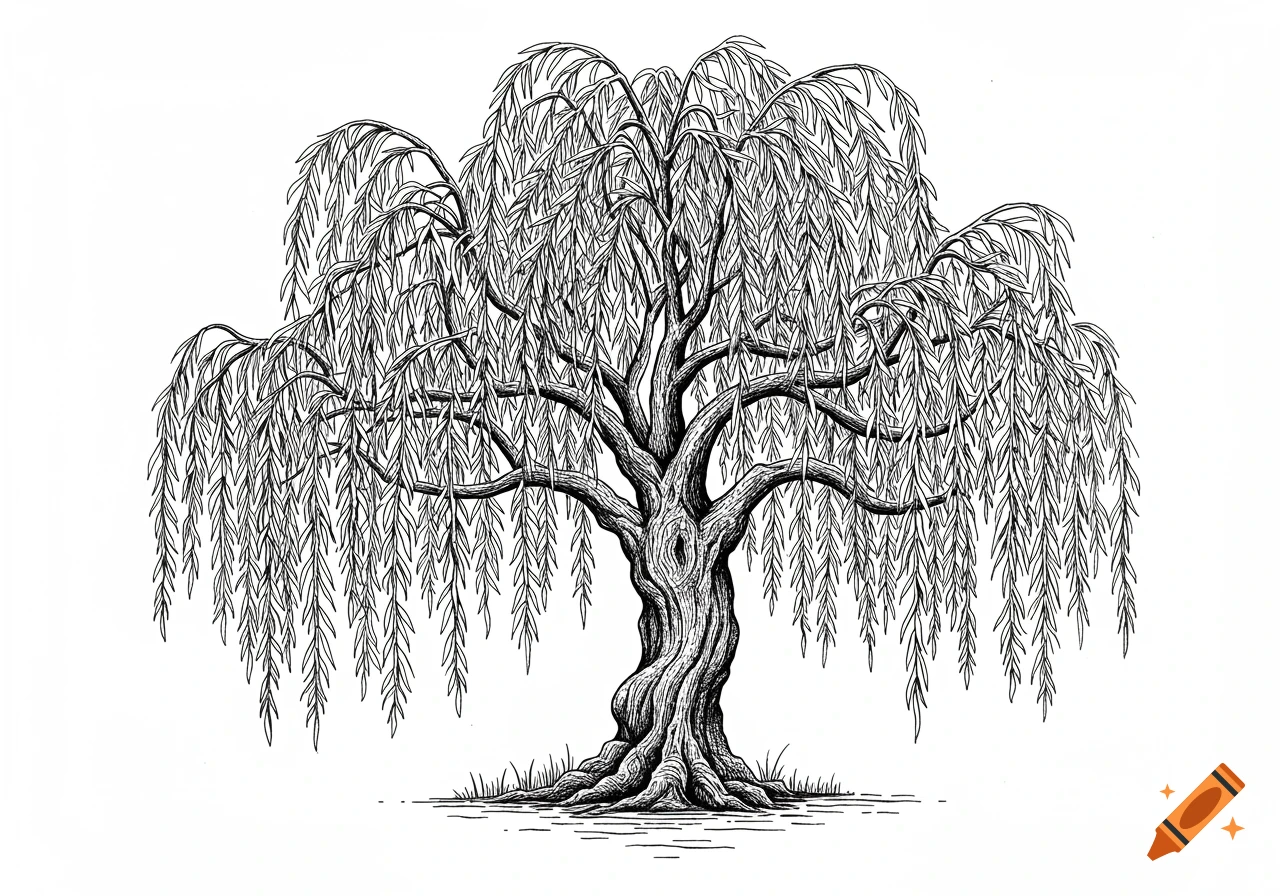 A black ink drawing of a stylized weeping willow tree with a thick, gnarled trunk and flowing branches with delicate leaves on a white background.