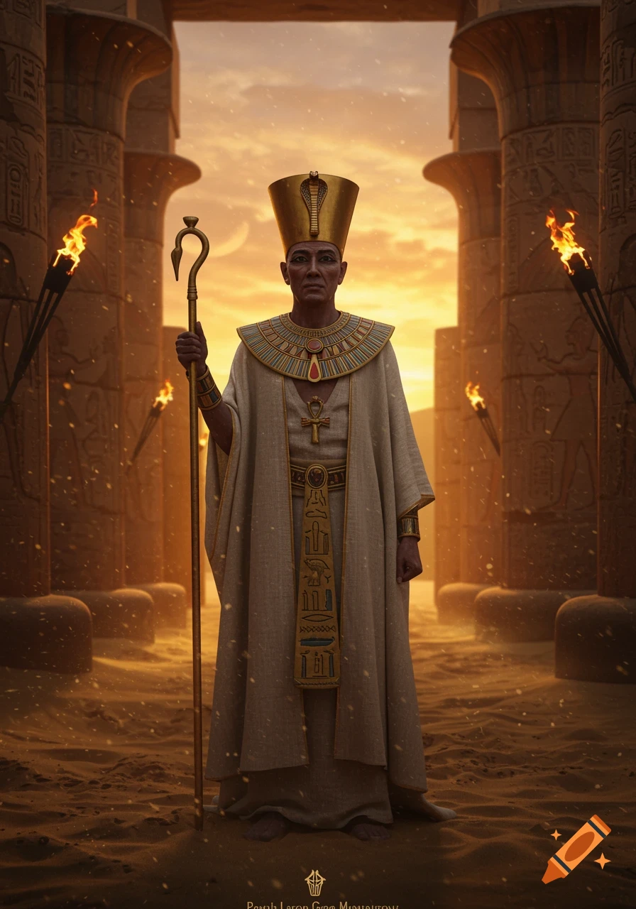 A majestic ancient Egyptian pharaoh stands holding a staff in a sandy temple at sunset, surrounded by torchlit columns.