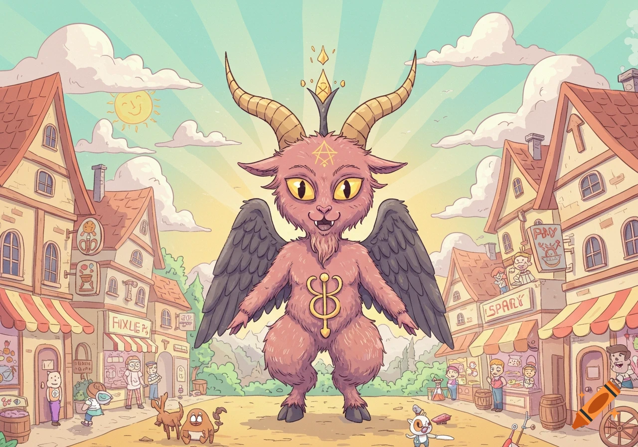 A whimsical, pink, winged Baphomet stands in a cartoon village street under a sunny sky.
