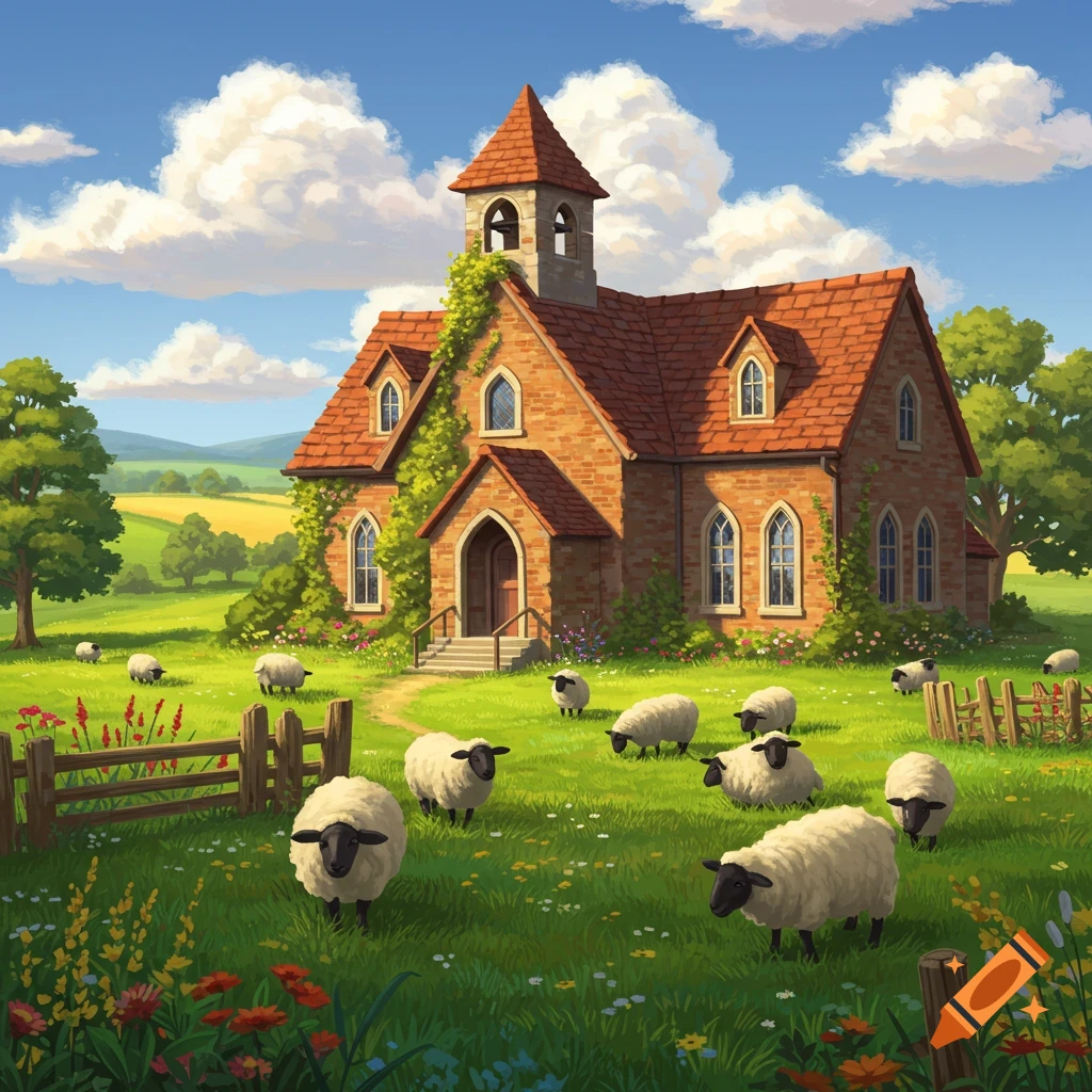 A colorful illustration of a brick church with a red roof, surrounded by green grass, flowers, and sheep under a blue sky.