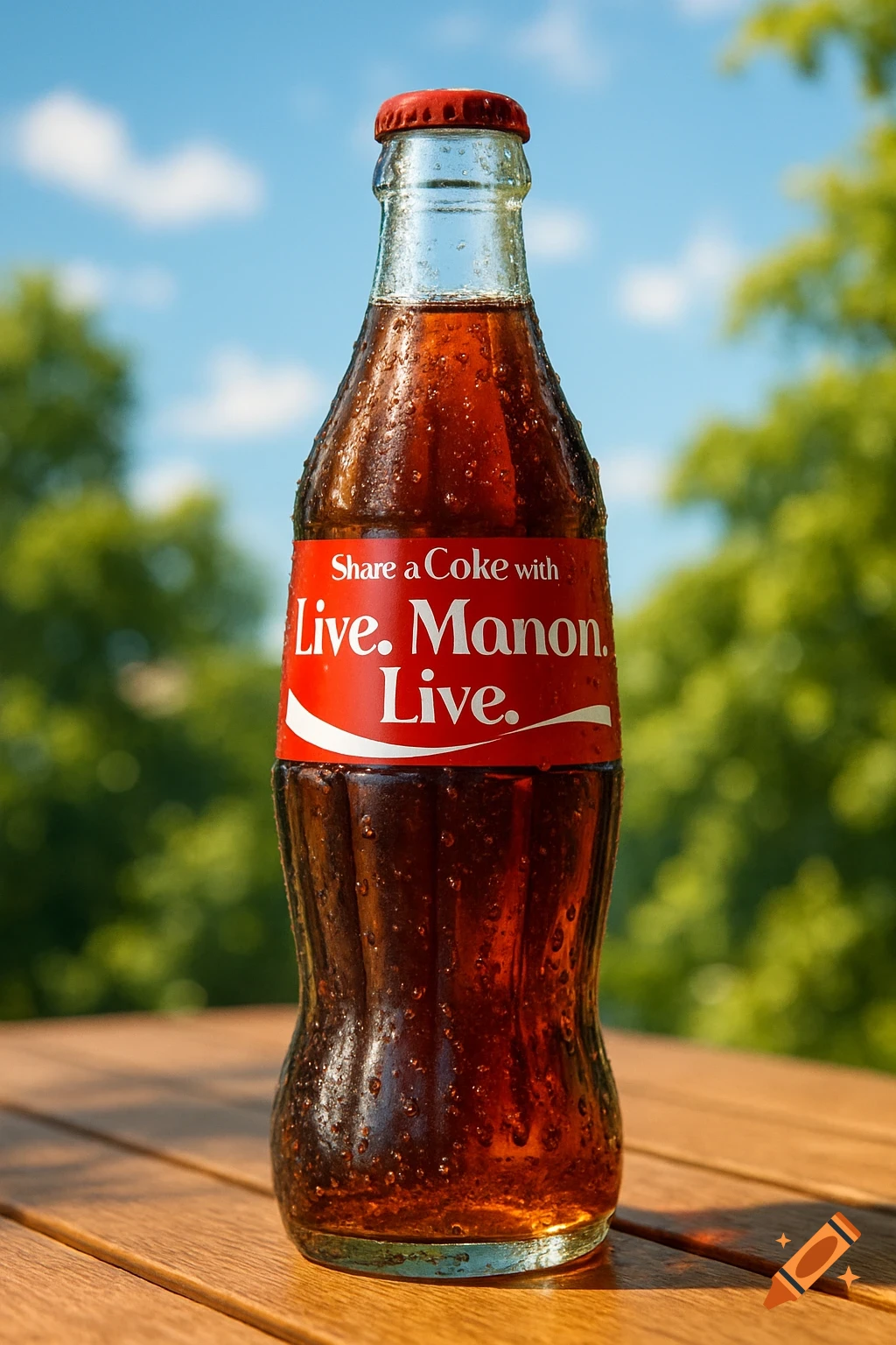 A cold Coca-Cola bottle with 'Share a Coke with Live. Manon. Live.' on the label sits on a wooden table outdoors.