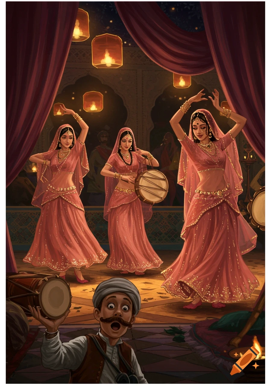 Illustration of three Indian dancing girls in rose-colored gauze performing in a lantern-lit room, with a surprised man in the foreground.