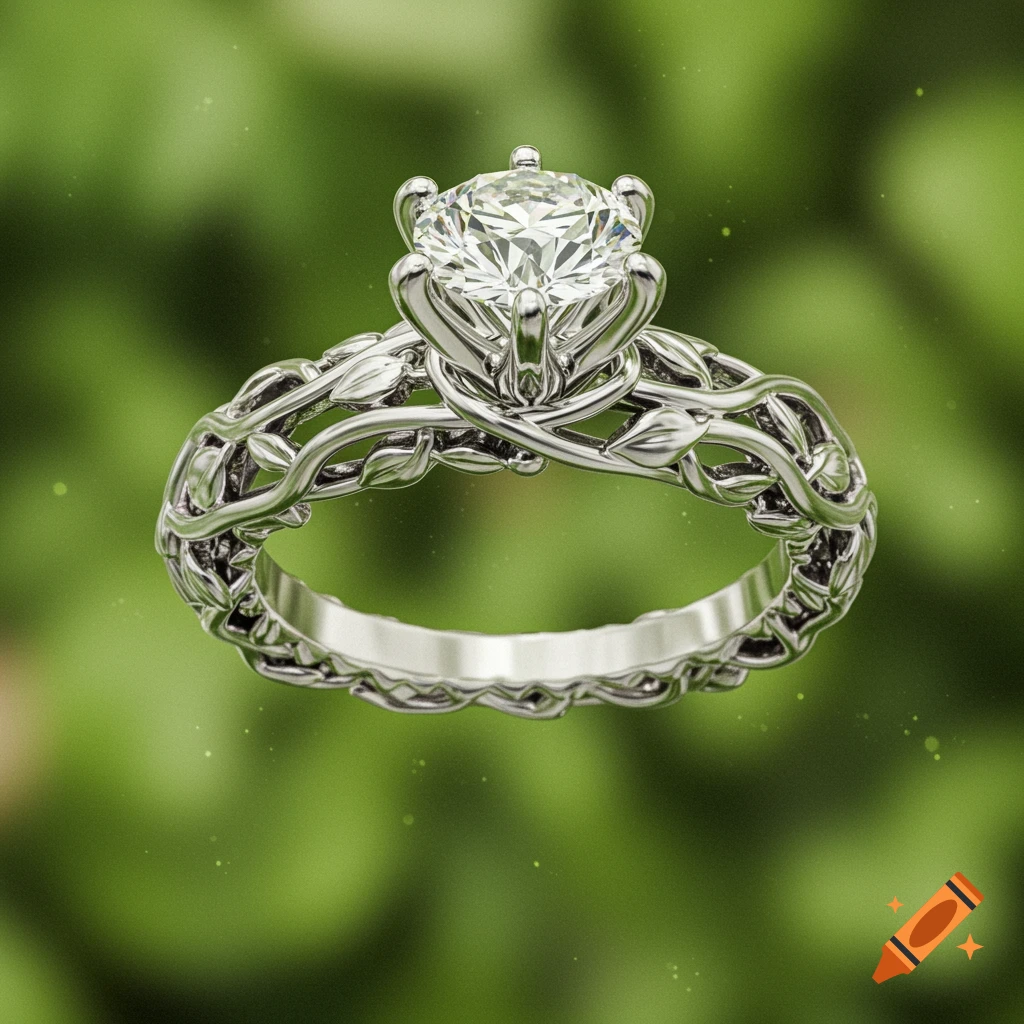 A close-up of a silver engagement ring with a large diamond and a nature-inspired leafy band, set against a blurred green background.