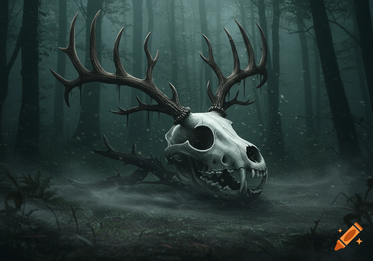 A dog skull with large antlers and prominent canines lies on a misty forest floor.