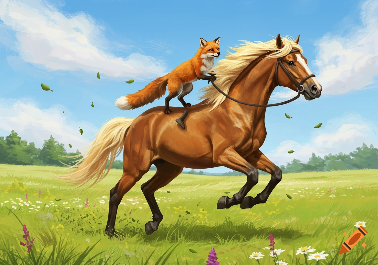 A fox rides on the back of a brown horse through a green grassy field under a blue sky with white clouds.