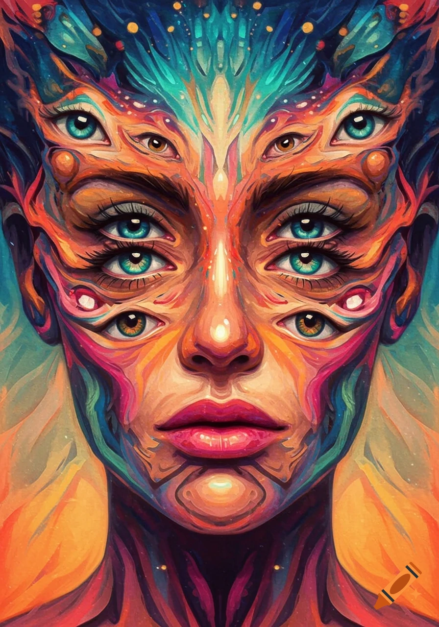A vibrant abstract painted portrait of a person's face with multiple eyes in shades of orange, blue, and pink.