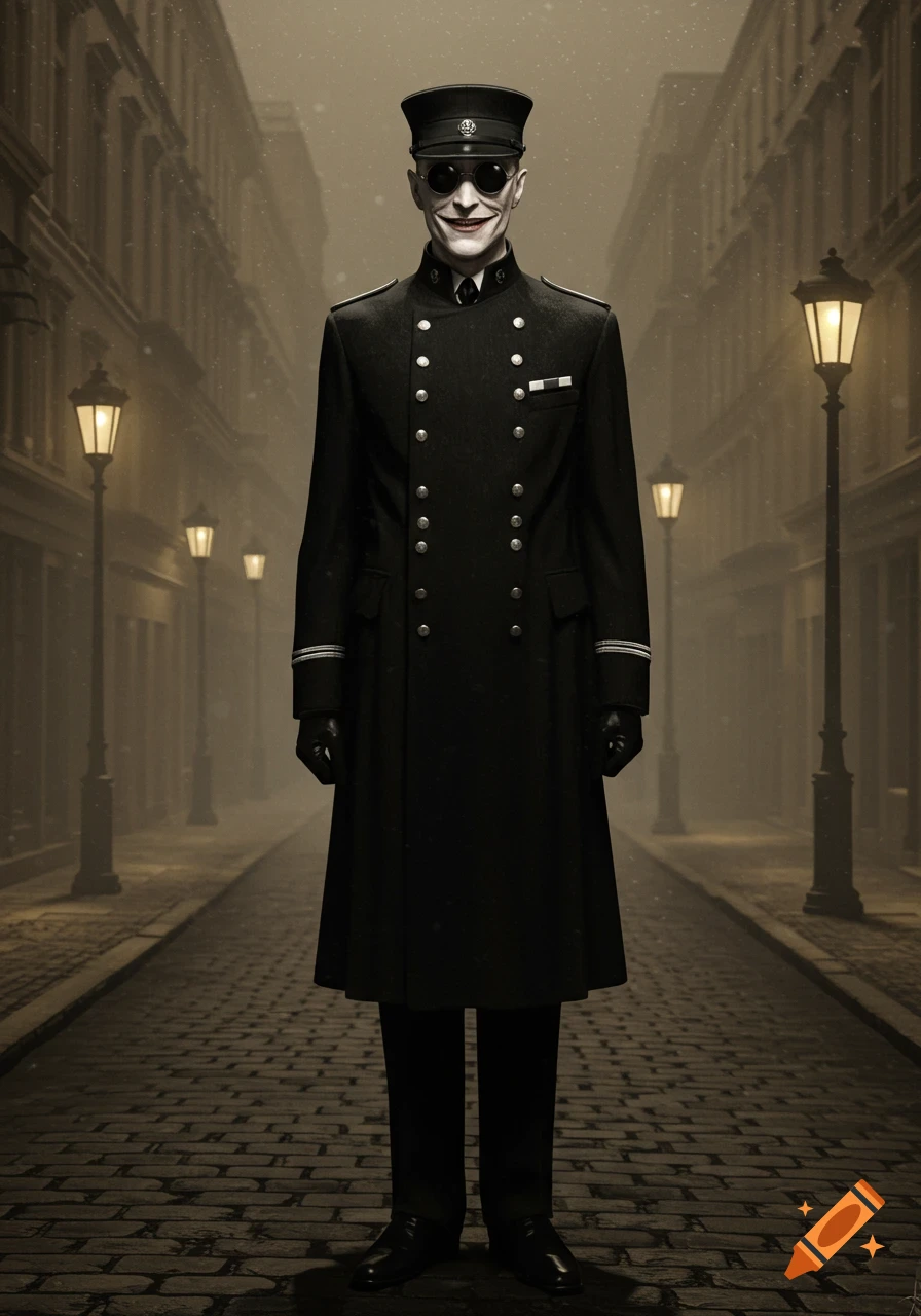 A pale man in a black vintage chauffeur's uniform, hat, and sunglasses grins menacingly while standing on a cobblestone street with streetlights and buildings.