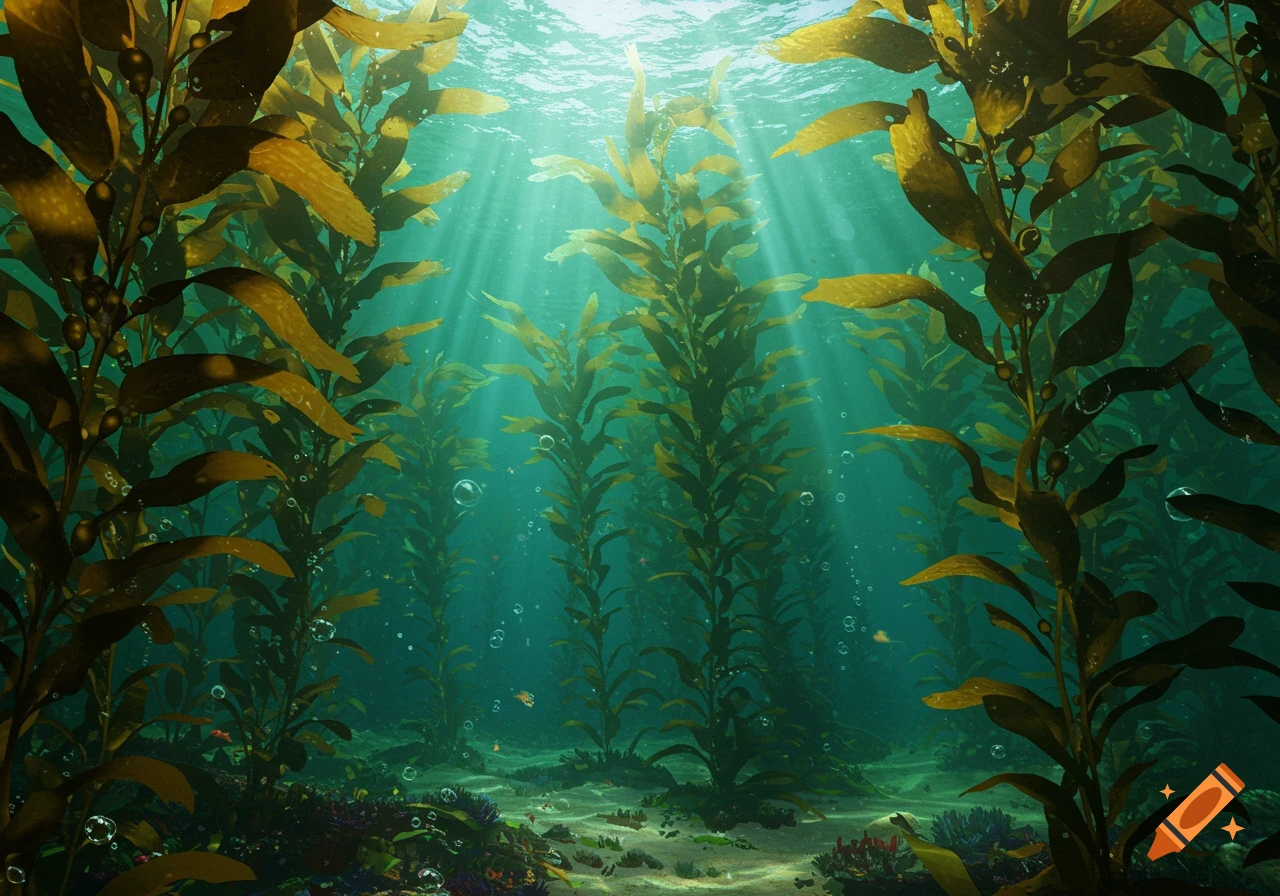 Sunlight streams through a dense, golden-brown kelp forest in a vibrant blue-green underwater scene with a sandy bottom.