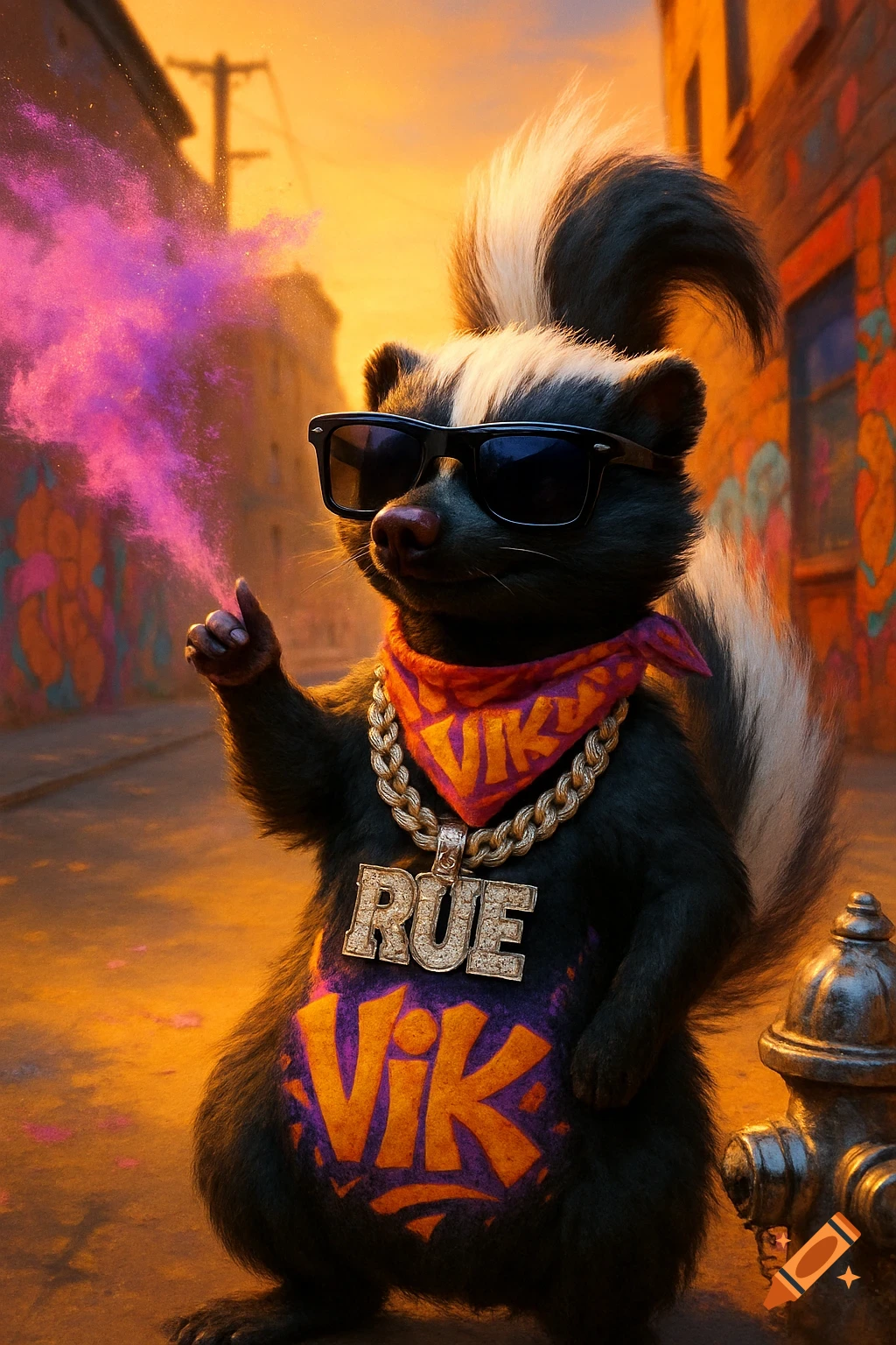 A cool skunk wearing sunglasses, a gold chain with "RUE" pendant, and a "VIK" bandana sprays purple smoke on a graffiti-filled street.