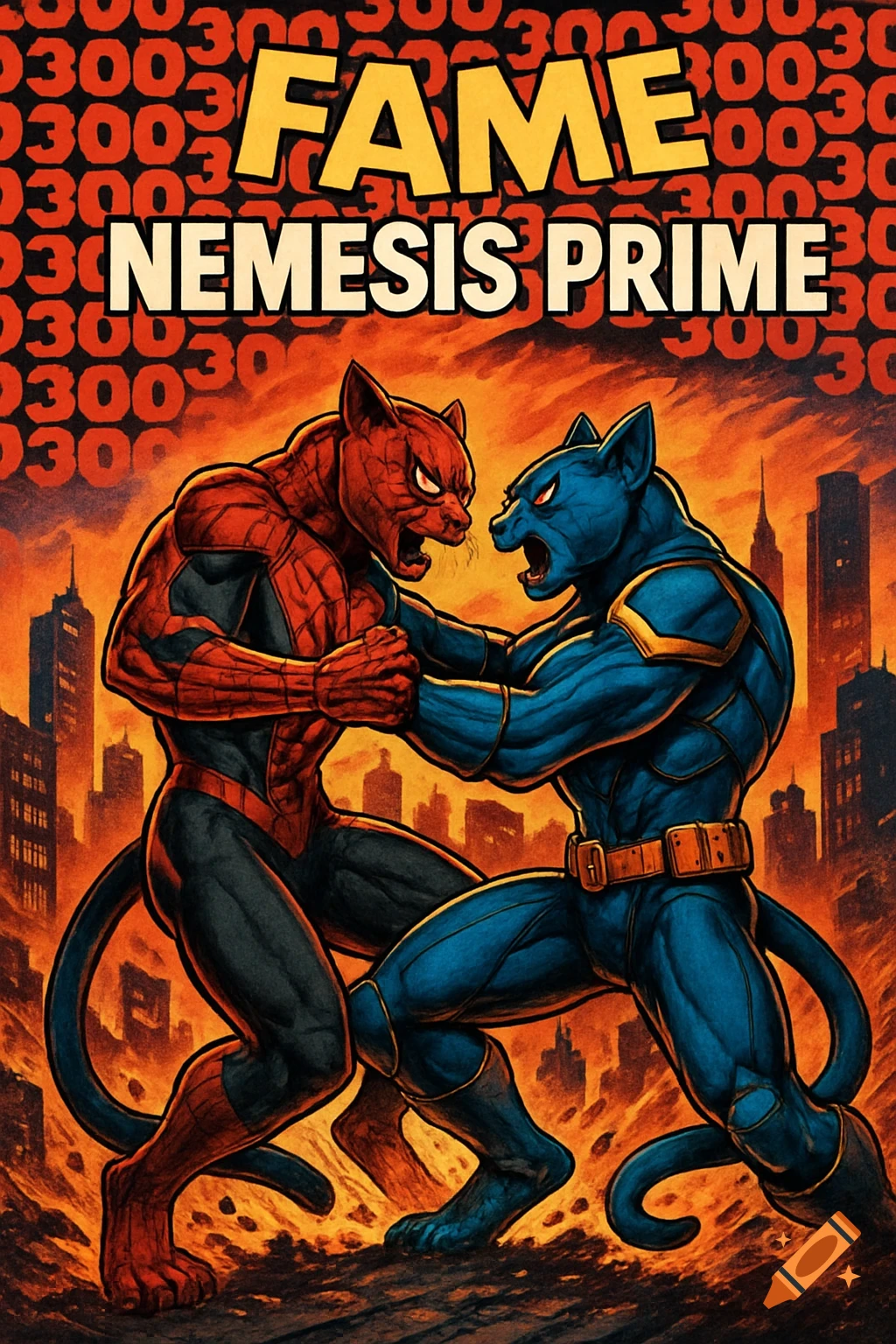 Comic book cover with a red cat-like superhero fighting a blue cat-like superhero in a city, titled "FAME NEMESIS PRIME".