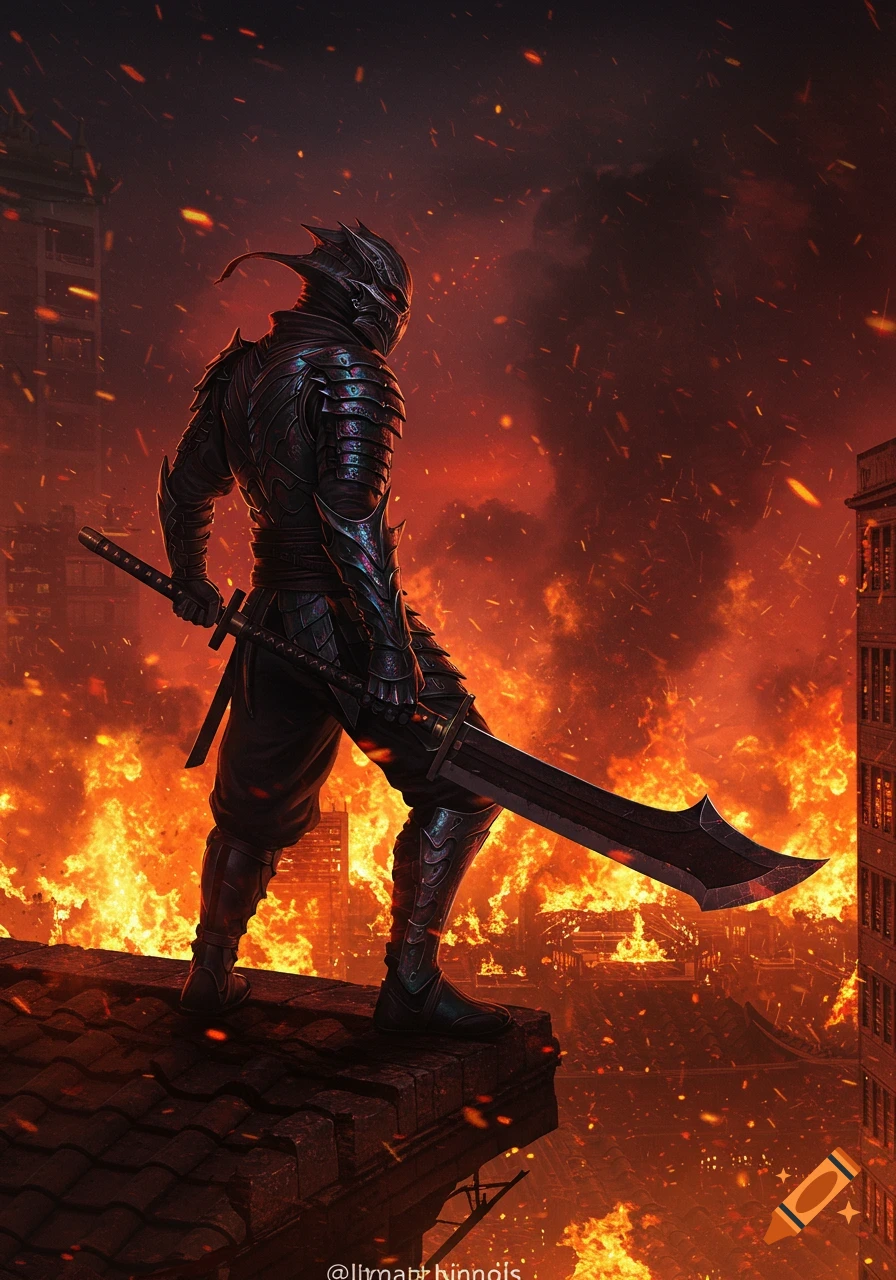 A dark armored ninja warrior stands on a rooftop overlooking a burning city, holding a large sword.