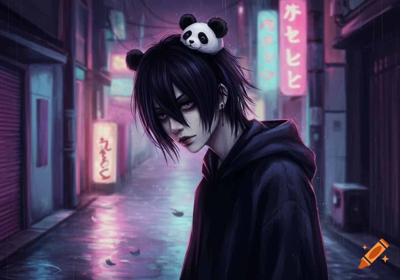 An anime-style portrait of a person with black emo hair and a panda headband, standing in a rainy cyberpunk alley with neon lights.