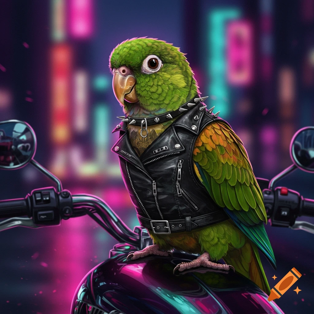 A green parrot wearing a black leather biker vest with studs sits on a motorcycle with a blurred neon city background.