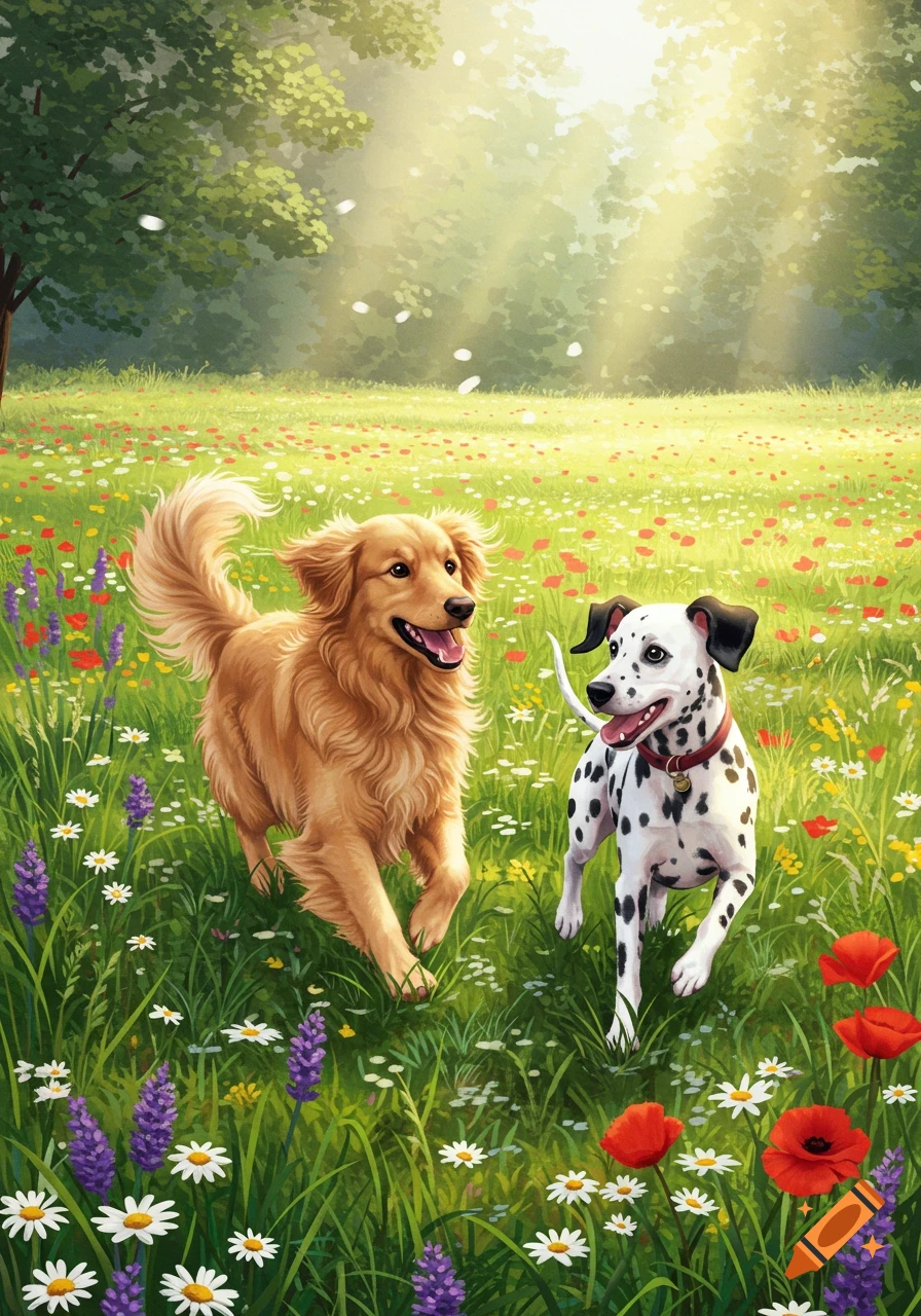 A happy golden retriever and a dalmatian running through a field of colorful wildflowers on a sunny day, illustrated style.