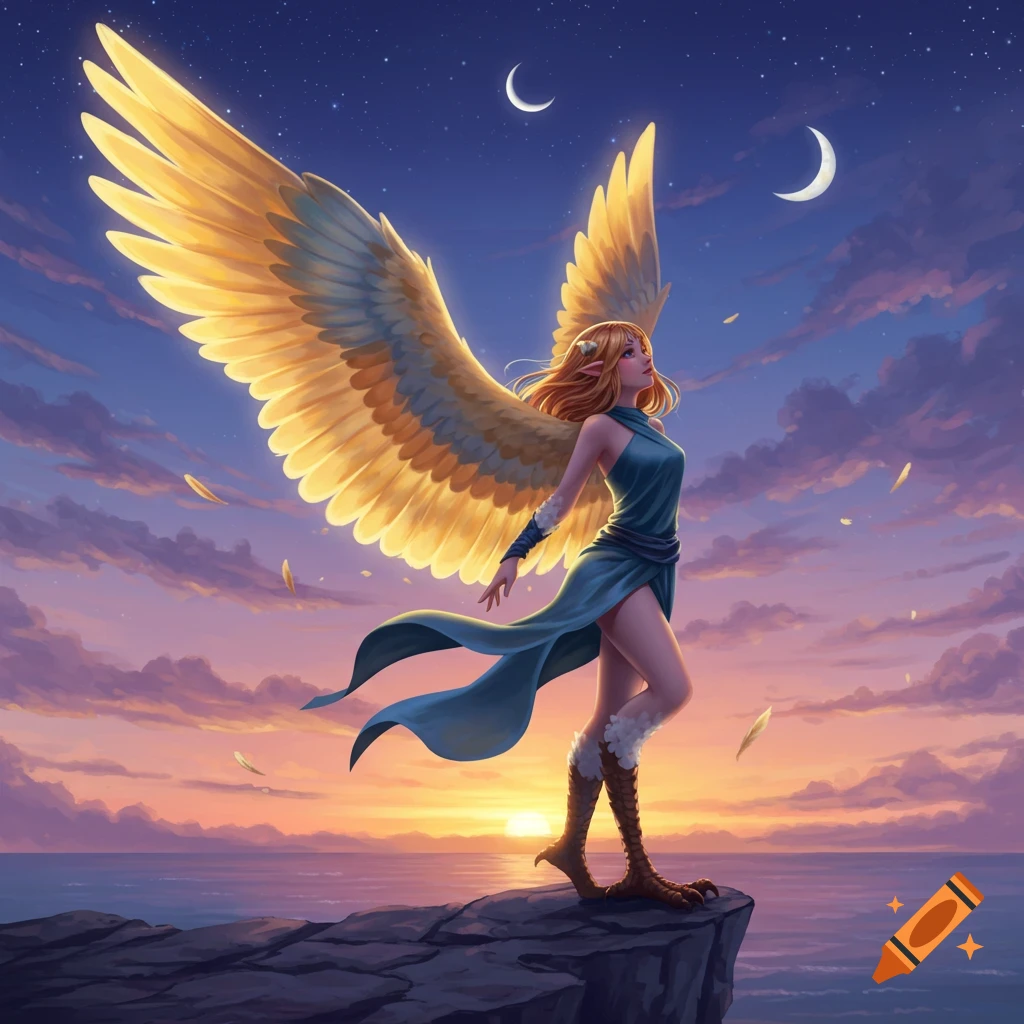 An anime harpy girl with golden wings stands on a cliff overlooking the sea at sunset, looking up at two moons.
