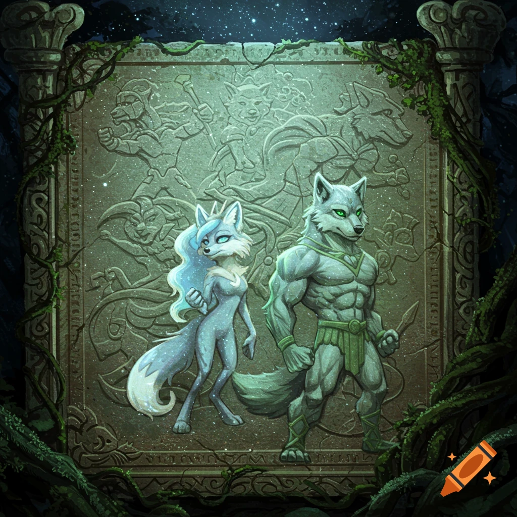 An illustration of a blue fox creature and a muscular grey wolf creature standing before an ancient stone tablet with carved figures.