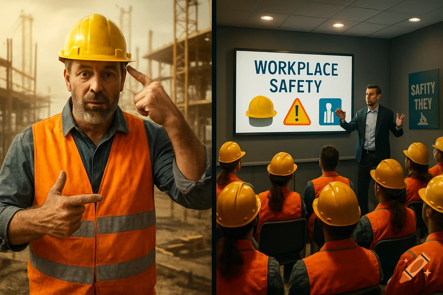 A two-panel image shows a construction worker pointing at his hardhat on the left, and on the right, an instructor giving a "Workplace Safety" presentation to workers in a classroom.