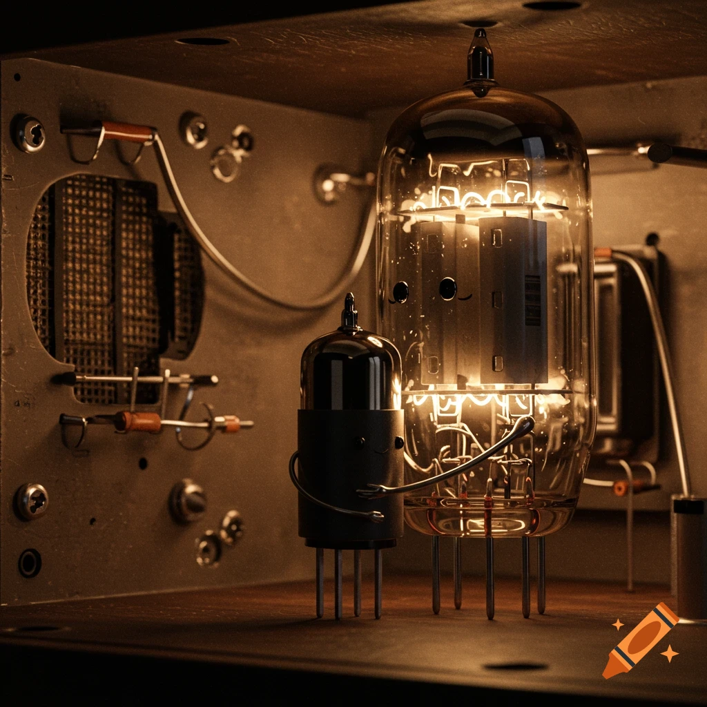 A glowing, personified vacuum tube stands behind and embraces a smaller transistor inside vintage electronic equipment, rendered photorealistically.