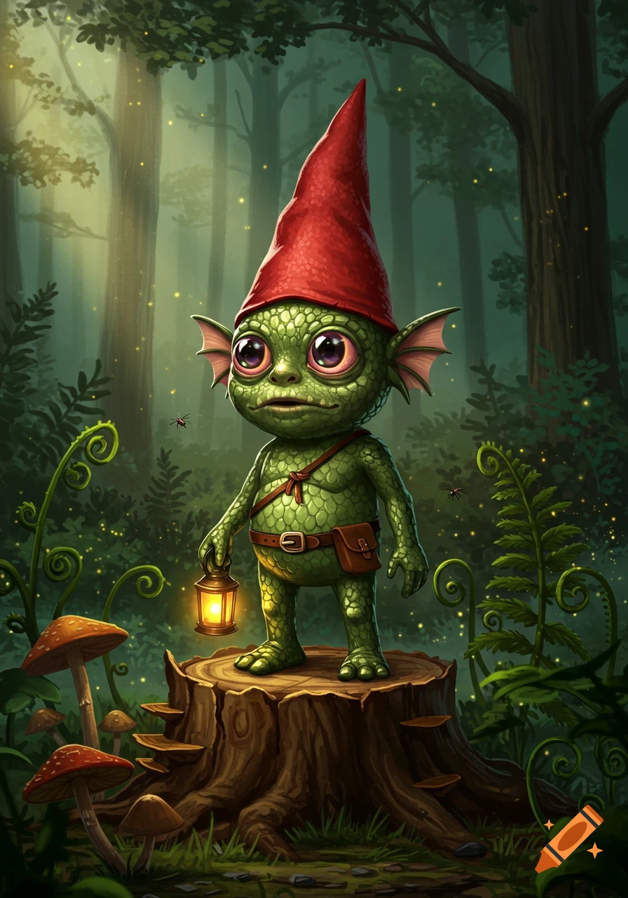 A cute, green, scaly creature with large eyes and a red gnome hat stands on a tree stump in a mystical forest, holding a glowing lantern.