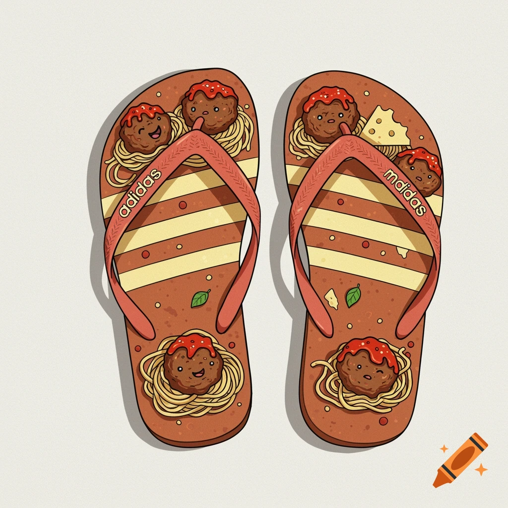 A pair of cartoon flip-flops with brown and yellow stripes, adorned with smiling meatballs and spaghetti. One flip-flop features 'adidas' text, the other 'mdidas'.
