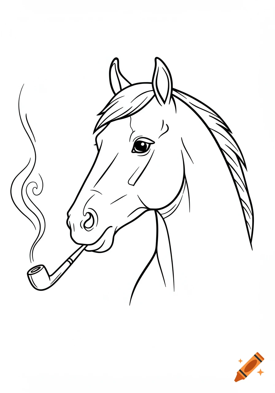 A black and white line art drawing of a horse head smoking a pipe, designed as a coloring page.
