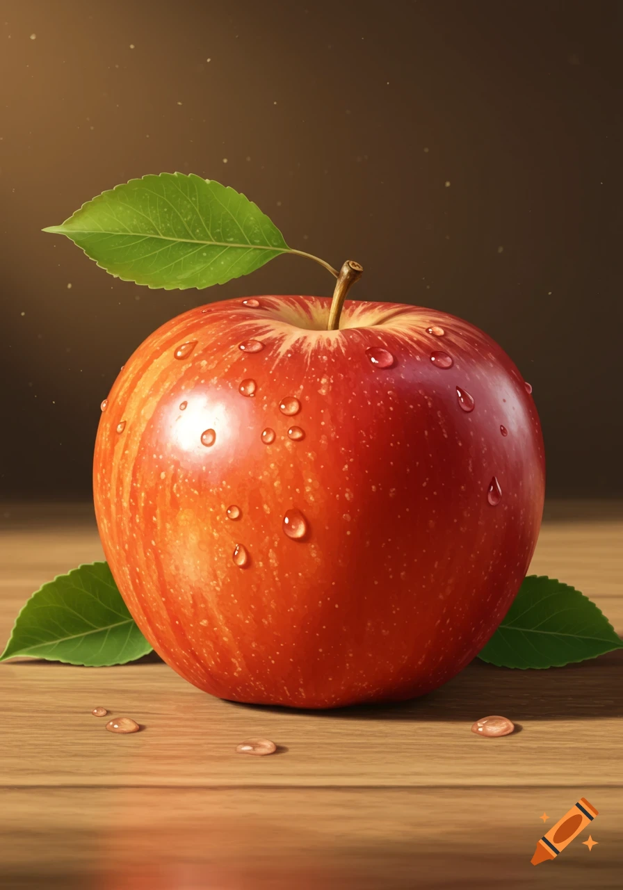 A photorealistic image of a vibrant red apple covered in water droplets, with green leaves, resting on a wooden surface.