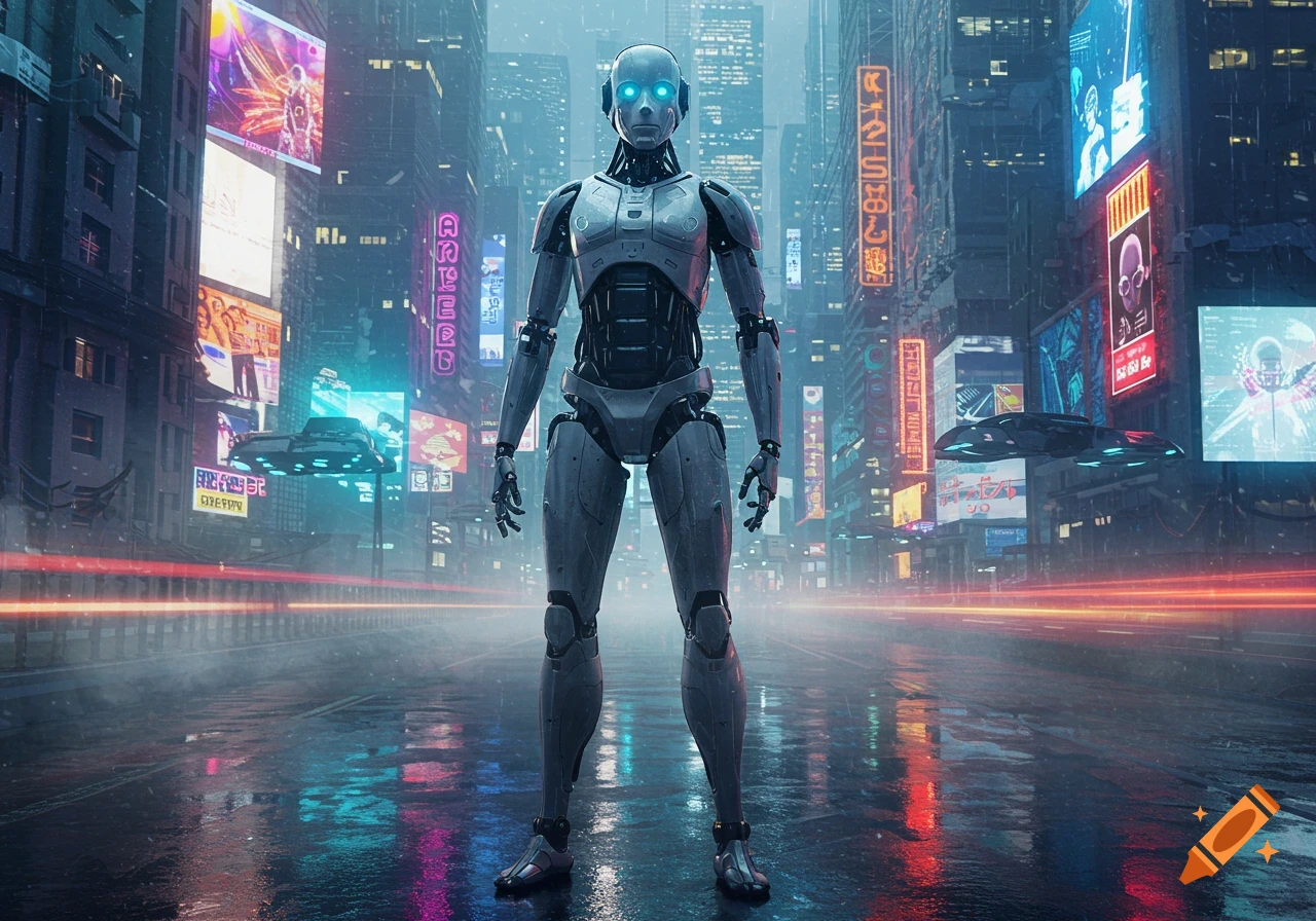 A metallic robot stands on a wet street in a futuristic city at night, surrounded by neon lights and flying vehicles, with reflections on the ground.
