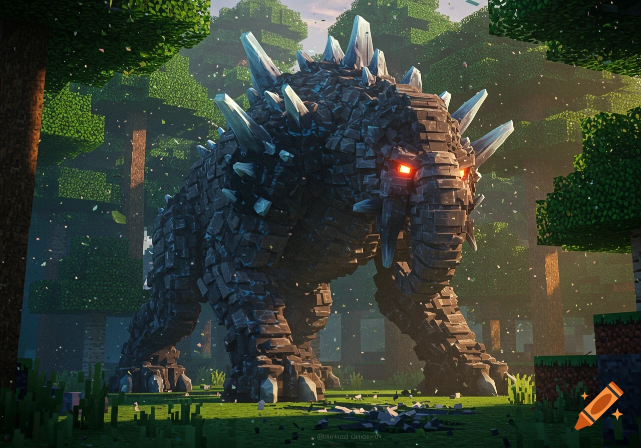 A giant, blocky monster with glowing red eyes stands in a vibrant, sunlit Minecraft-style forest.