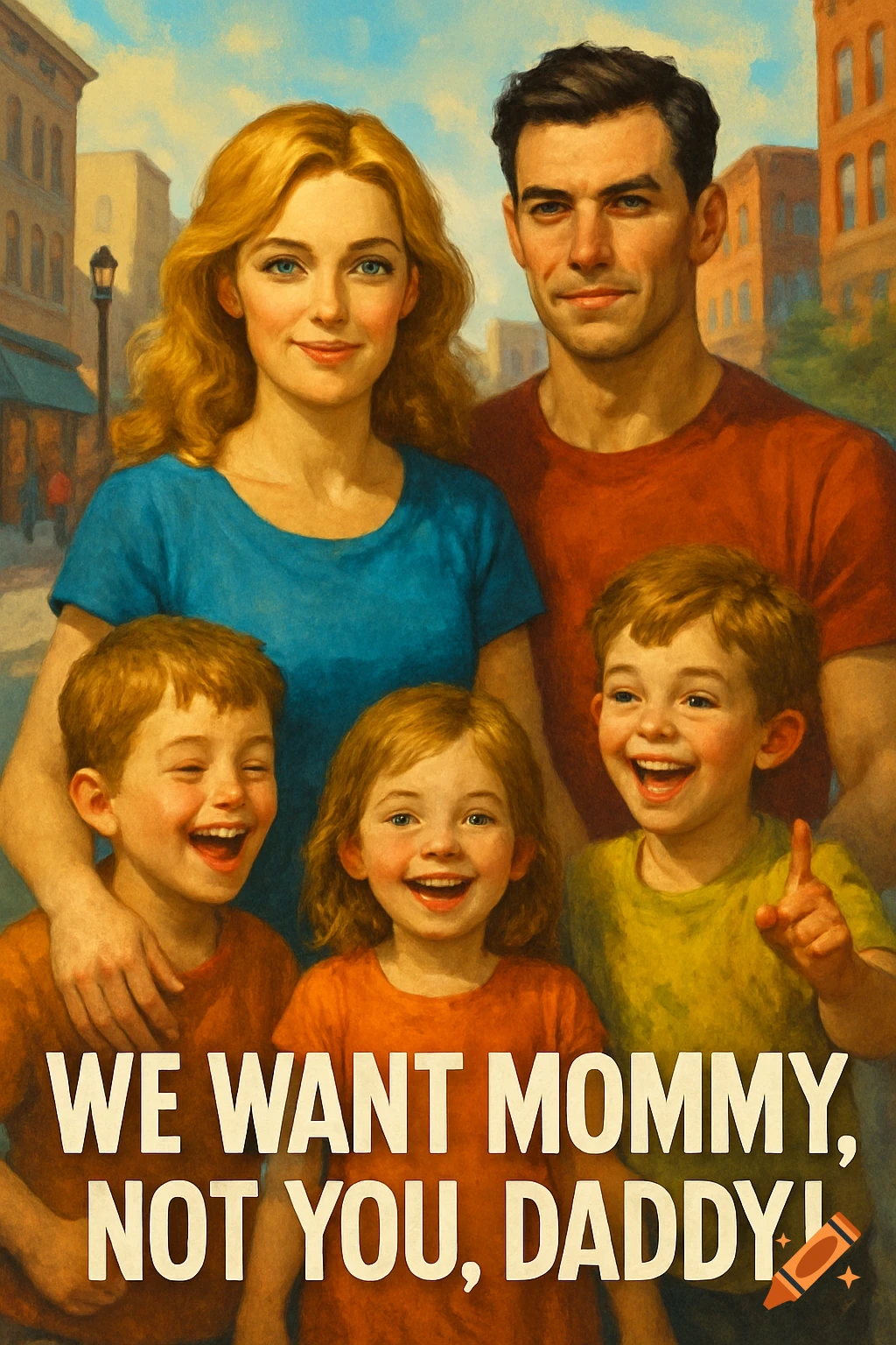 An illustrated family portrait of a mother, father, and three young children smiling in a city street, with the text 'WE WANT MOMMY, NOT YOU, DADDY!' overlaid.