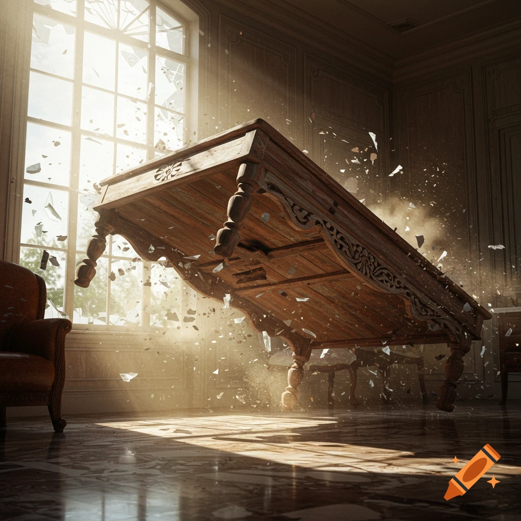 A large wooden table is upside down amidst shattering glass and dust in a sunlit room, photorealistic style.