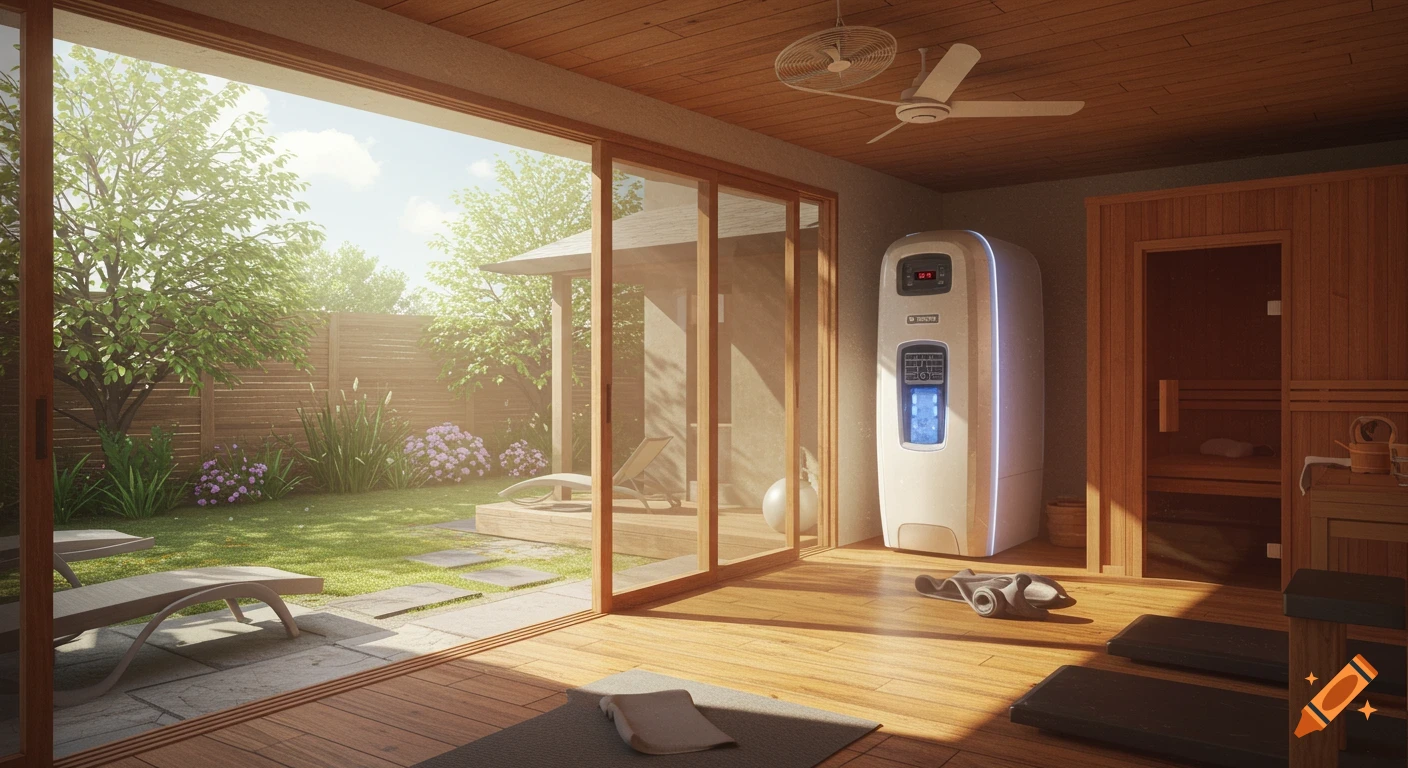 A modern Japanese-style home with an indoor-outdoor gym area, featuring a cryo container, a wooden sauna, and sliding glass doors opening to a sunny garden.
