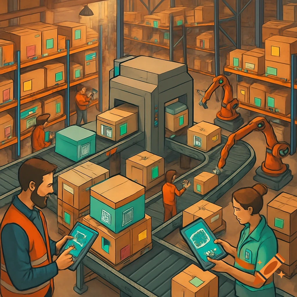An isometric cartoon illustration of a busy warehouse with conveyor belts, workers using tablets, and robotic arms sorting cardboard boxes.