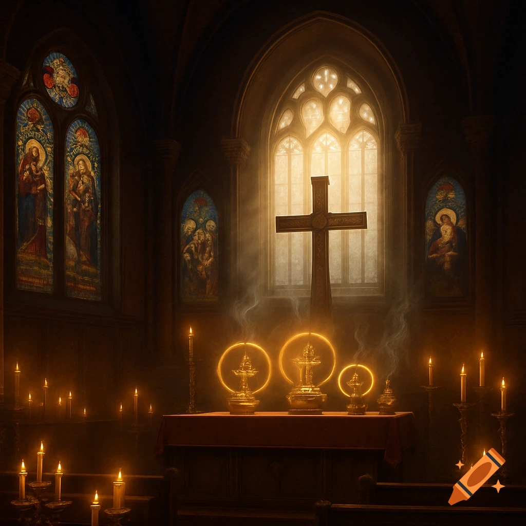 Interior of a dark church with a large cross backlit by a bright arched window, glowing golden artifacts on an altar, and numerous lit candles.