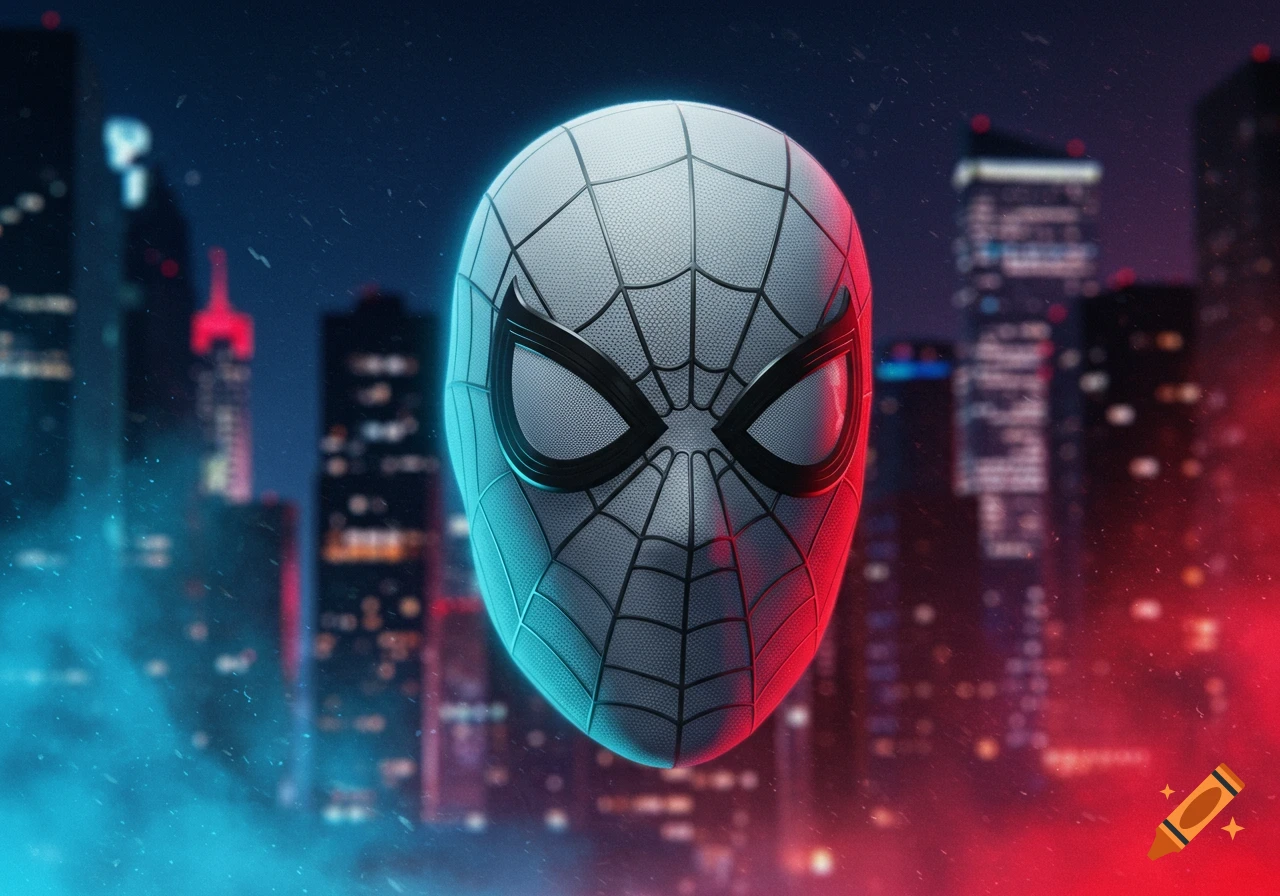 A white Spider-Man mask with black webbing and eye frames, illuminated by blue and red lights, against a blurred cityscape background at night.