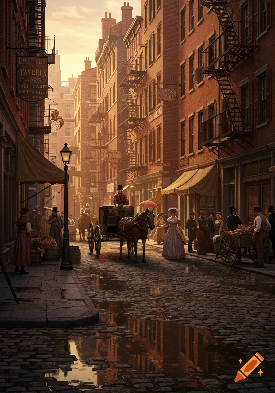 A bustling 19th-century New York City street scene with brick buildings, people in period clothing, horse-drawn carriages, and puddles reflecting the sunset.