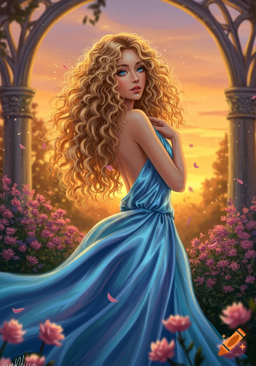 A fantasy portrait of a woman with long, curly blonde hair and blue eyes, wearing a flowing blue dress in a garden with an archway and pink flowers at sunset.