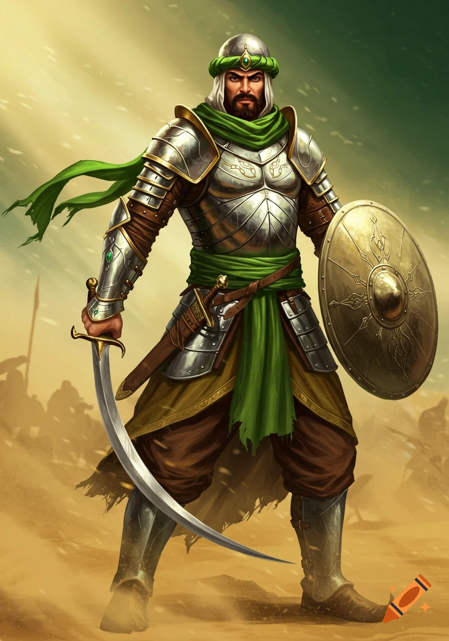 An Arabian warrior in metallic armor with green cloth, holding a scimitar and shield, standing in a desert. Digital painting.