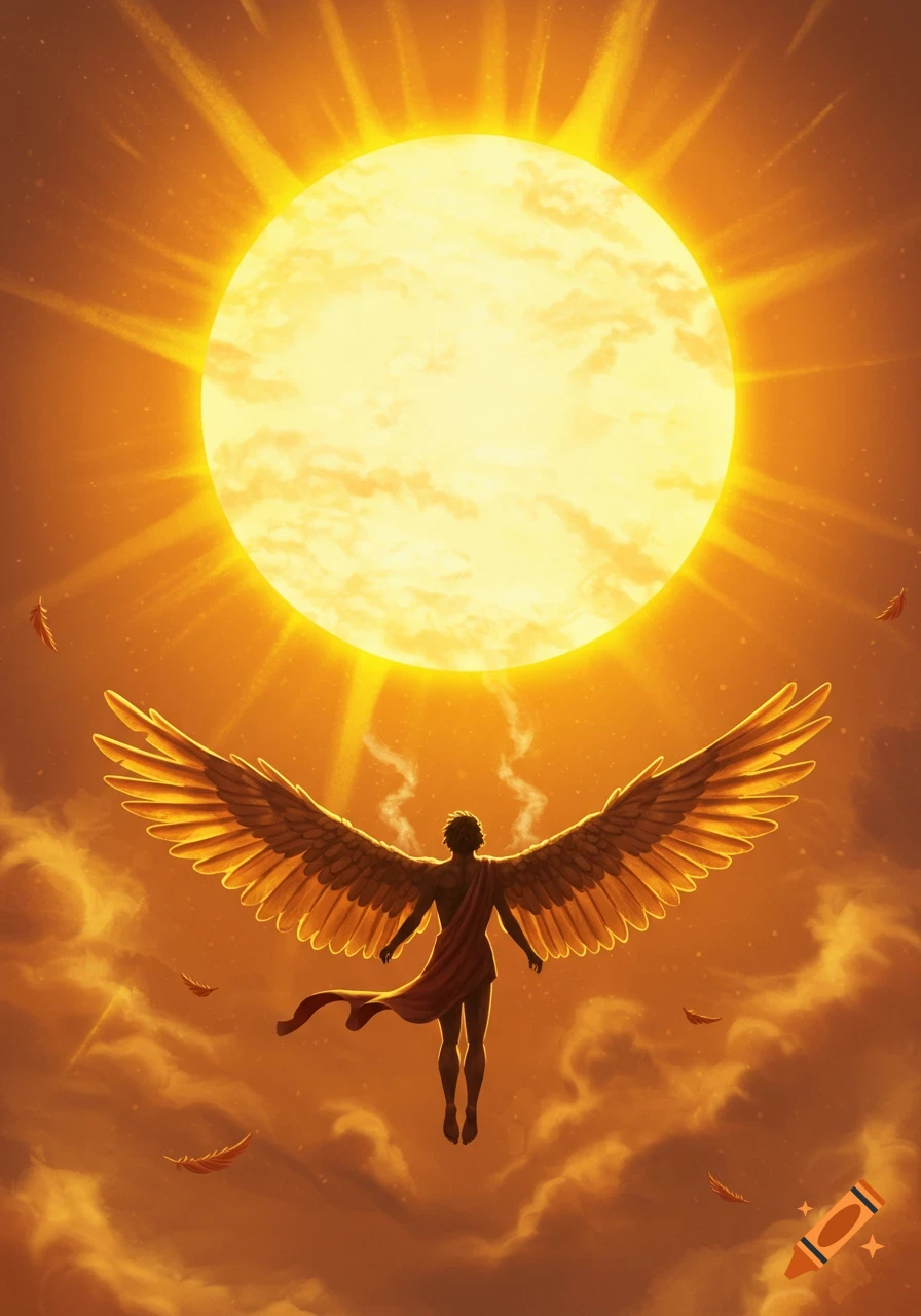 A winged figure in a red cloth flies towards a giant, radiant sun in an illustrative style, with feathers falling around them.