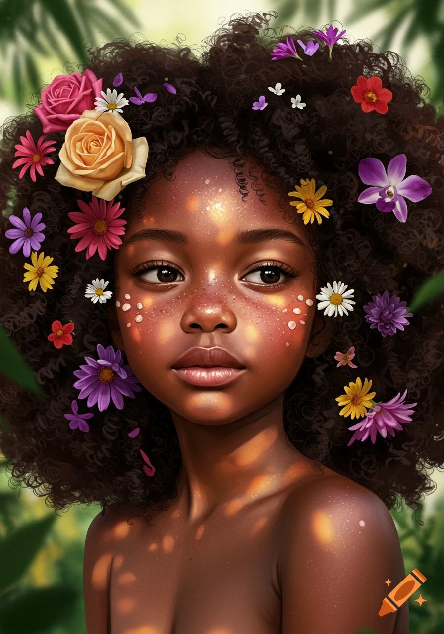 A portrait of a young Black girl with an afro hairstyle adorned with colorful flowers, freckles, and dappled sunlight.
