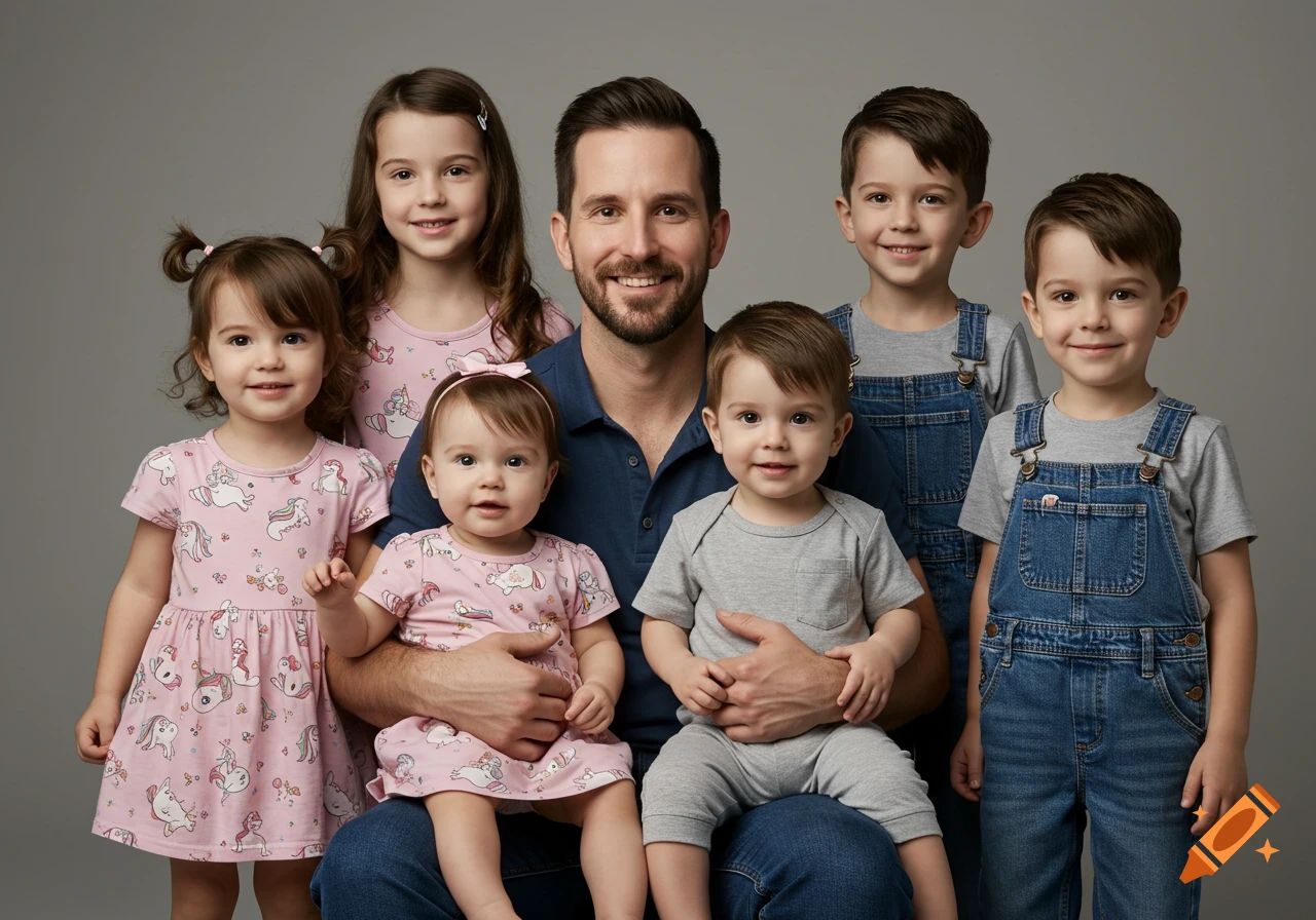 A photorealistic family portrait of a smiling father with five children, three girls in pink unicorn dresses and two boys in denim overalls, against a grey background.